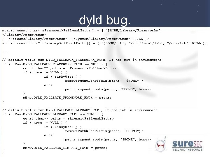 dyld bug. static const char* s. Framework. Fallback. Paths[] = { "$HOME/Library/Frameworks", "/Library/Frameworks" ,