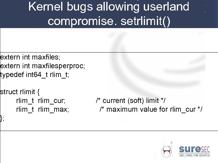 Kernel bugs allowing userland compromise. setrlimit() extern int maxfiles; extern int maxfilesperproc; typedef int