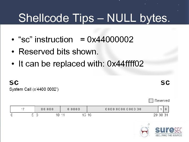 Shellcode Tips – NULL bytes. • “sc” instruction = 0 x 44000002 • Reserved