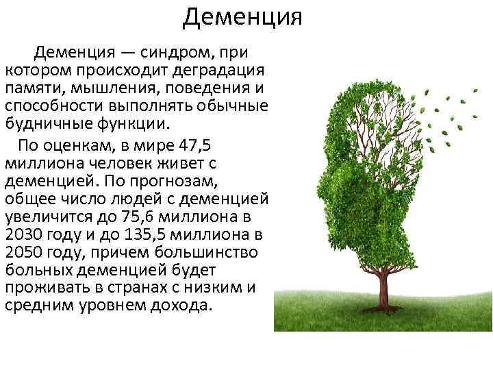 Деменция — синдром, при котором происходит деградация памяти, мышления, поведения и способности выполнять обычные
