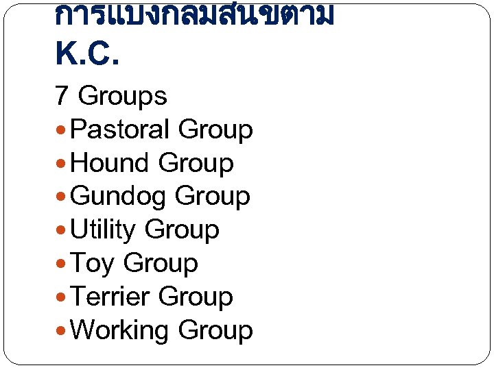 การแบงกลมสนขตาม K. C. 7 Groups Pastoral Group Hound Group Gundog Group Utility Group Toy