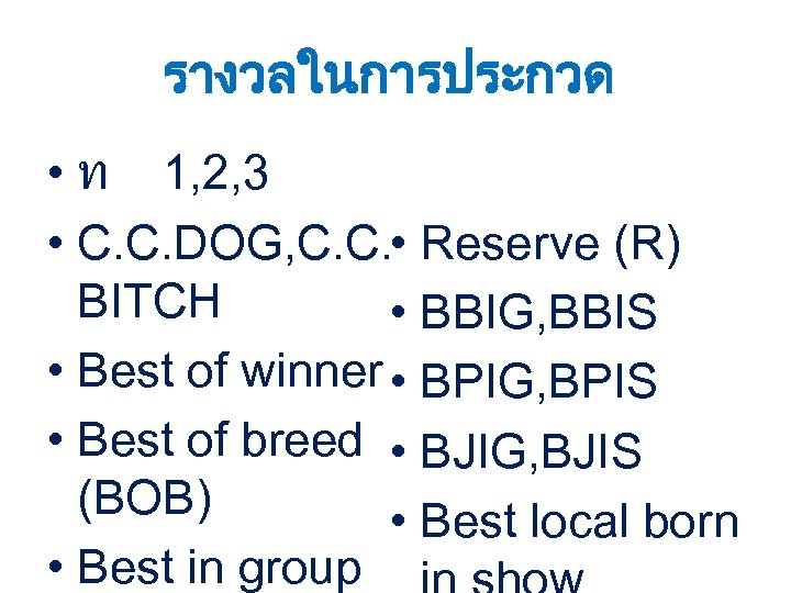 รางวลในการประกวด • ท 1, 2, 3 • C. C. DOG, C. C. • Reserve