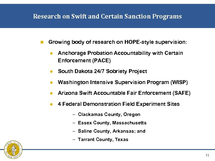 Research on Swift and Certain Sanction Programs Growing body of research on HOPE-style supervision: