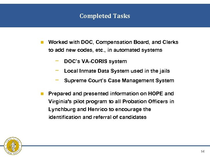 Completed Tasks Worked with DOC, Compensation Board, and Clerks to add new codes, etc.