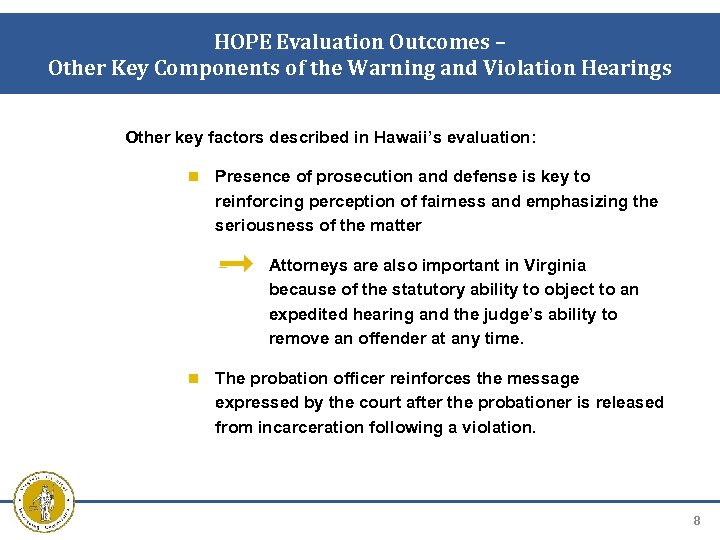 HOPE Evaluation Outcomes – Other Key Components of the Warning and Violation Hearings Other