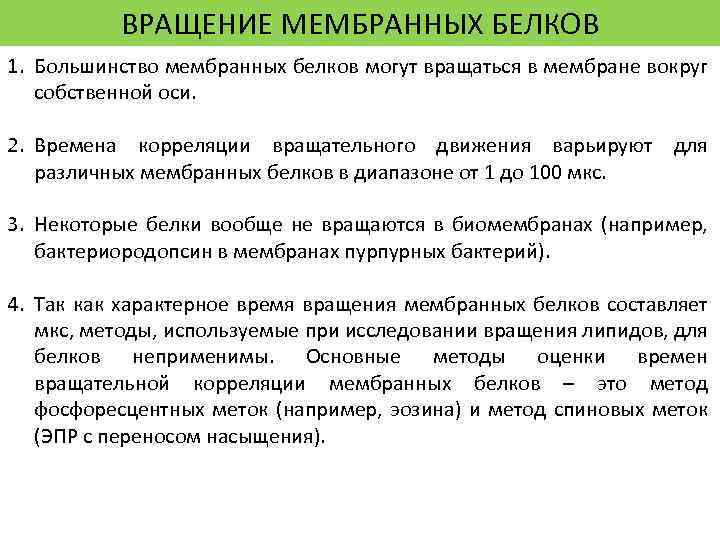 ВРАЩЕНИЕ МЕМБРАННЫХ БЕЛКОВ 1. Большинство мембранных белков могут вращаться в мембране вокруг собственной оси.