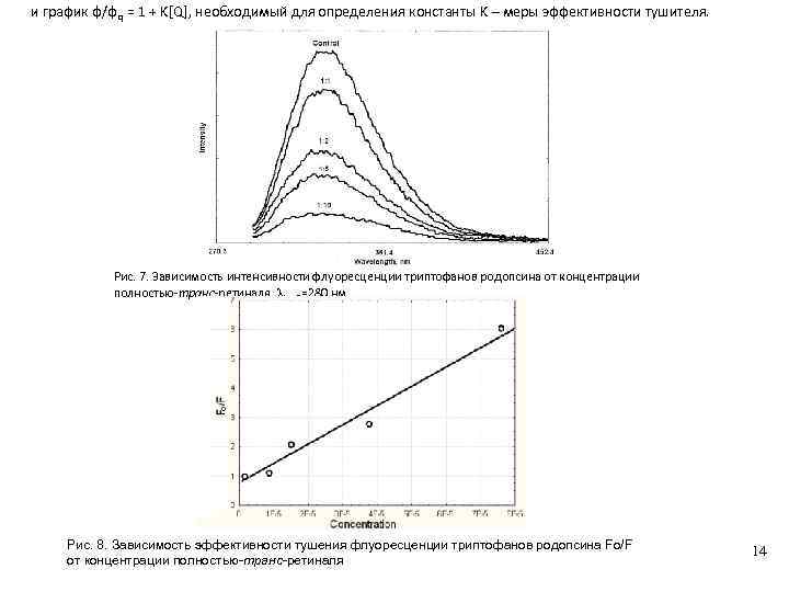 и график φ/φq = 1 + K[Q], необходимый для определения константы K – меры