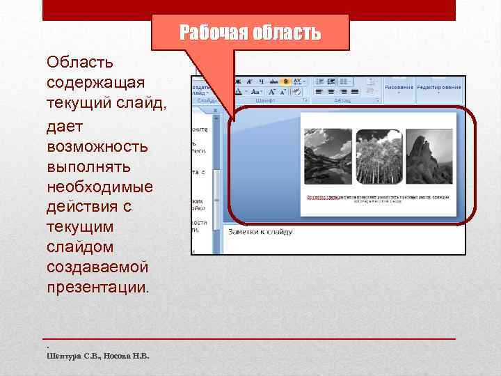 Рабочая область Область содержащая текущий слайд, дает возможность выполнять необходимые действия с текущим слайдом