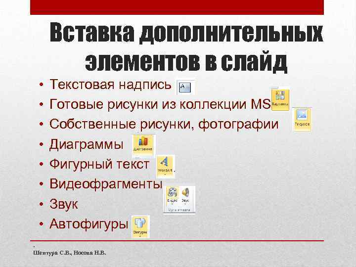 Вставка дополнительных элементов в слайд • • Текстовая надпись Готовые рисунки из коллекции MS