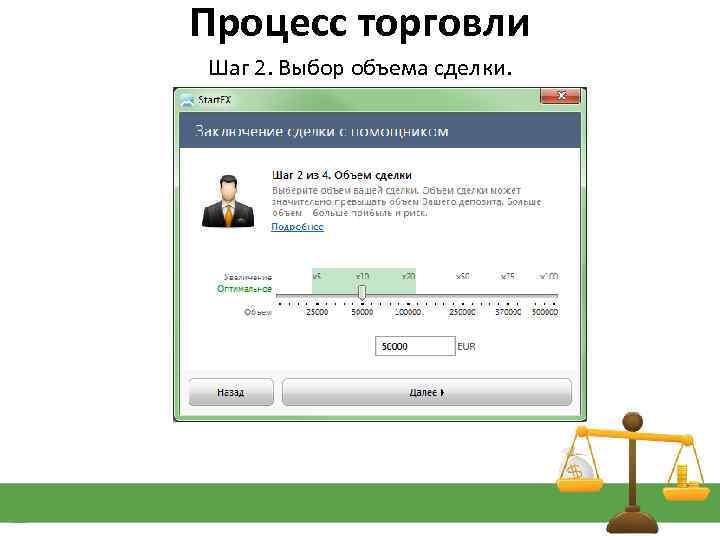 Процесс торговли Шаг 2. Выбор объема сделки. 