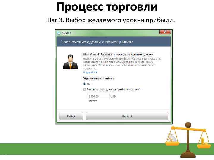 Процесс торговли Шаг 3. Выбор желаемого уровня прибыли. 