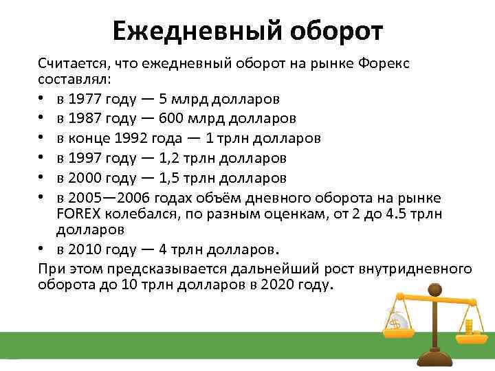 Ежедневный оборот Считается, что ежедневный оборот на рынке Форекс составлял: • в 1977 году