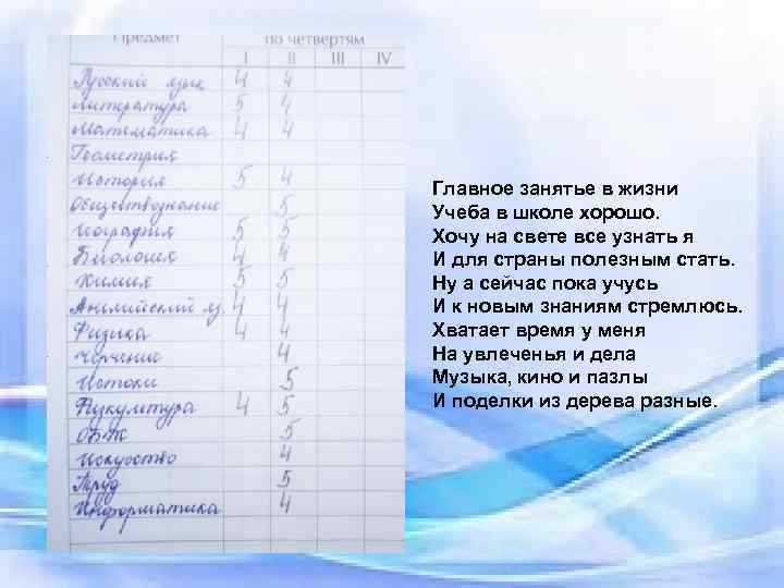 Главное занятье в жизни Учеба в школе хорошо. Хочу на свете все узнать я