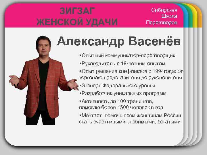 ЗИГЗАГ ЖЕНСКОЙ УДАЧИ Сибирская Школа Переговоров WINTER Александр Васенёв Template §Опытный коммуникатор-переговорщик §Руководитель с