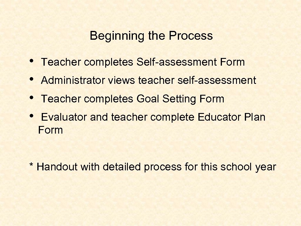 Beginning the Process • • Teacher completes Self-assessment Form Administrator views teacher self-assessment Teacher