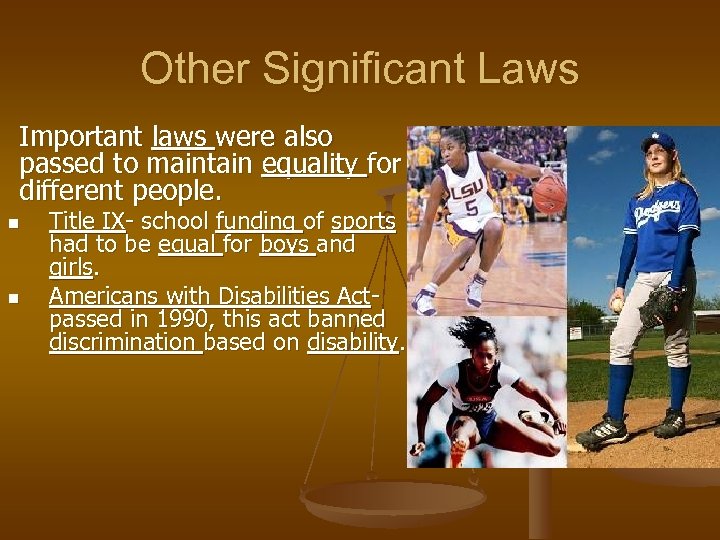 Other Significant Laws Important laws were also passed to maintain equality for different people.