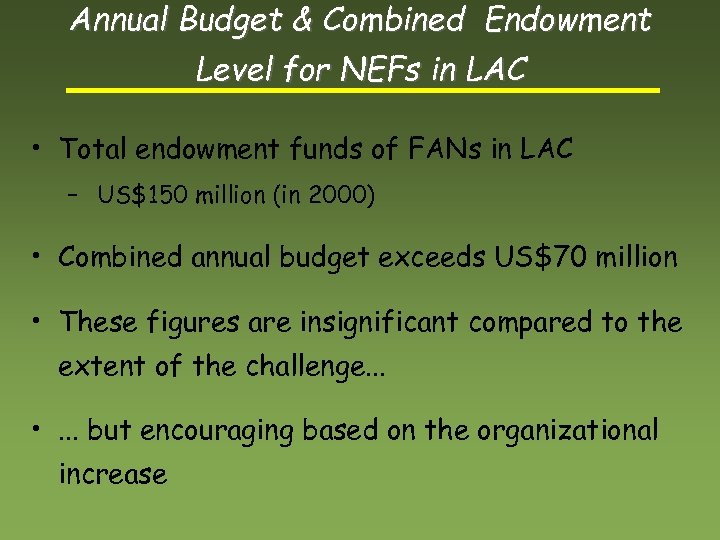 Annual Budget & Combined Endowment Level for NEFs in LAC • Total endowment funds
