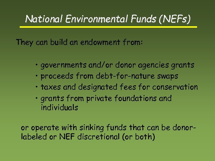 National Environmental Funds (NEFs) They can build an endowment from: • governments and/or donor