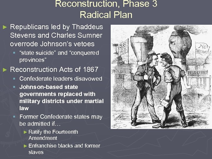 Reconstruction, Phase 3 Radical Plan ► Republicans led by Thaddeus Stevens and Charles Sumner
