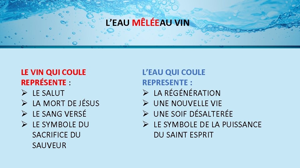 L’EAU MÊLÉEAU VIN LE VIN QUI COULE REPRÉSENTE : Ø LE SALUT Ø LA