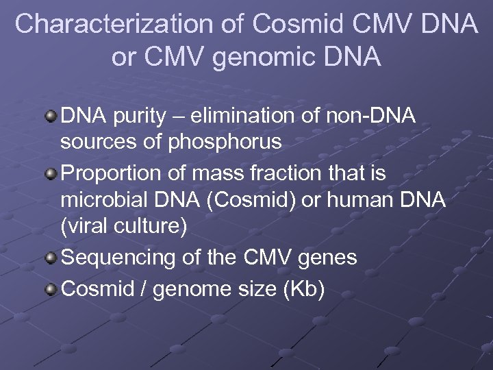 Characterization of Cosmid CMV DNA or CMV genomic DNA purity – elimination of non-DNA