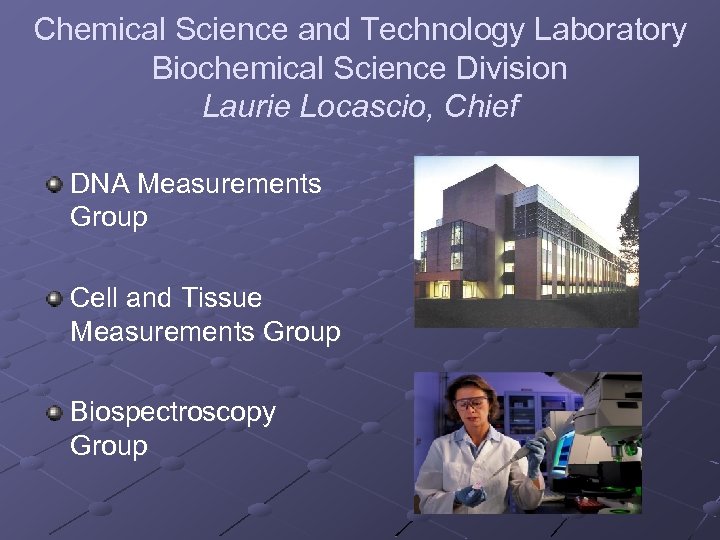 Chemical Science and Technology Laboratory Biochemical Science Division Laurie Locascio, Chief DNA Measurements Group