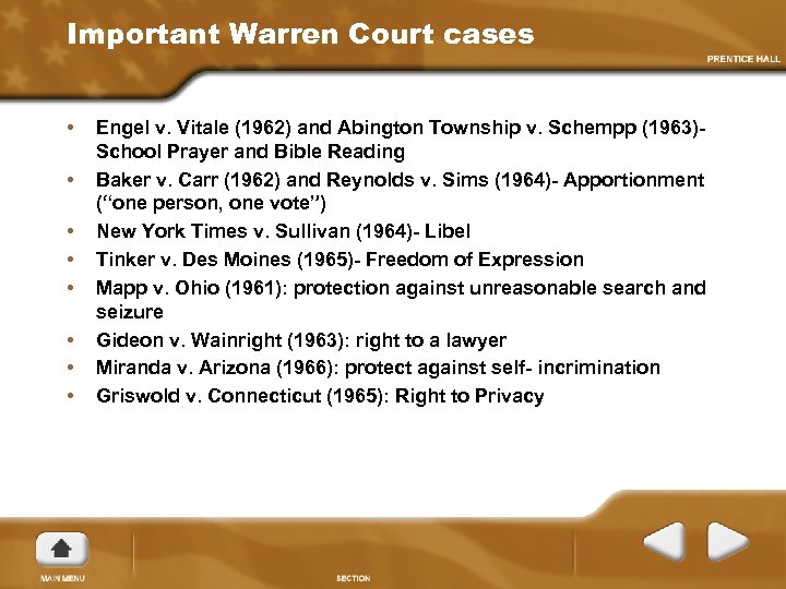 Important Warren Court cases • • Engel v. Vitale (1962) and Abington Township v.