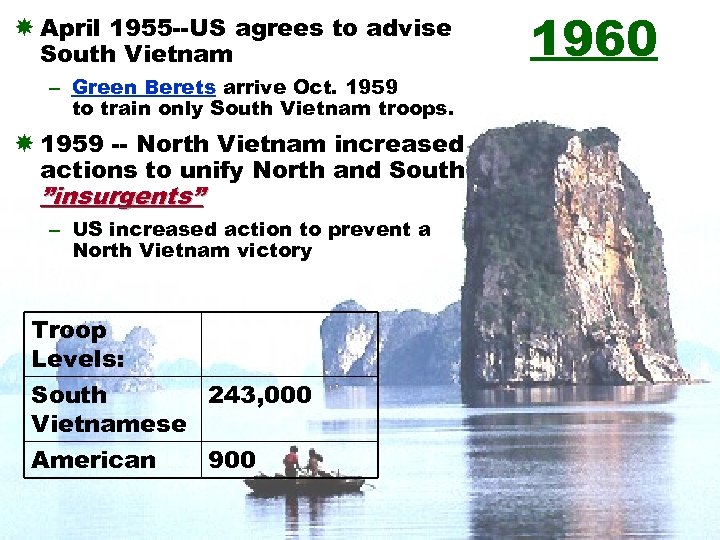  April 1955 --US agrees to advise South Vietnam – Green Berets arrive Oct.