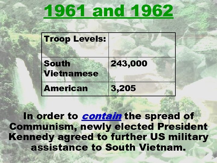 1961 and 1962 Troop Levels: South Vietnamese 243, 000 American 3, 205 In order