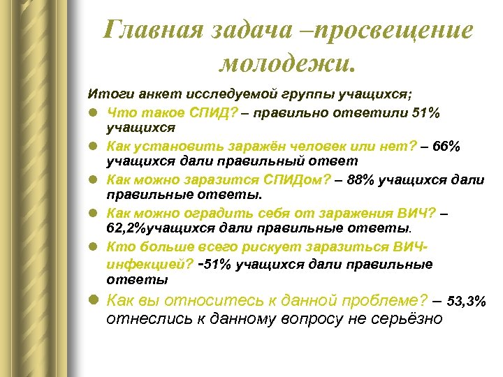 Главная задача –просвещение молодежи. Итоги анкет исследуемой группы учащихся; l Что такое СПИД? –