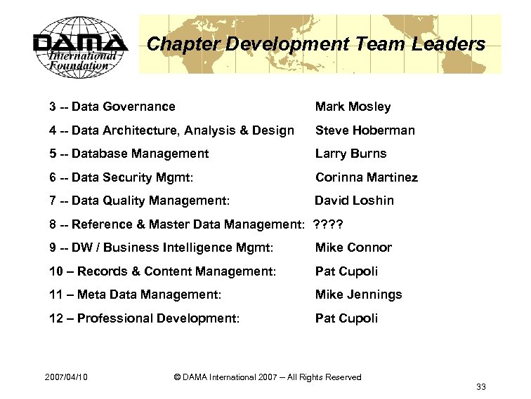 Chapter Development Team Leaders 3 -- Data Governance Mark Mosley 4 -- Data Architecture,