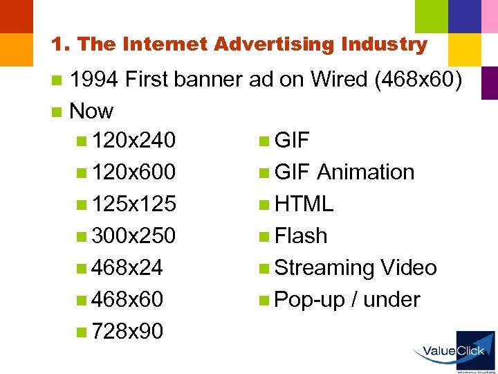 1. The Internet Advertising Industry 1994 First banner ad on Wired (468 x 60)