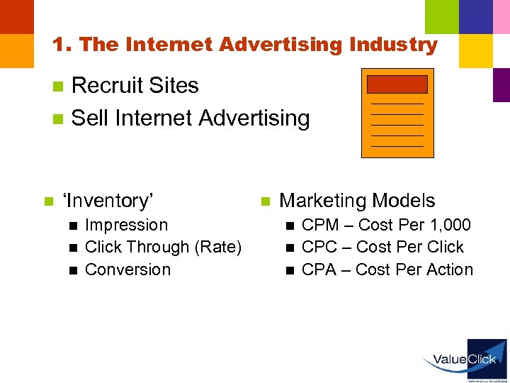 1. The Internet Advertising Industry Recruit Sites n Sell Internet Advertising n n ‘Inventory’