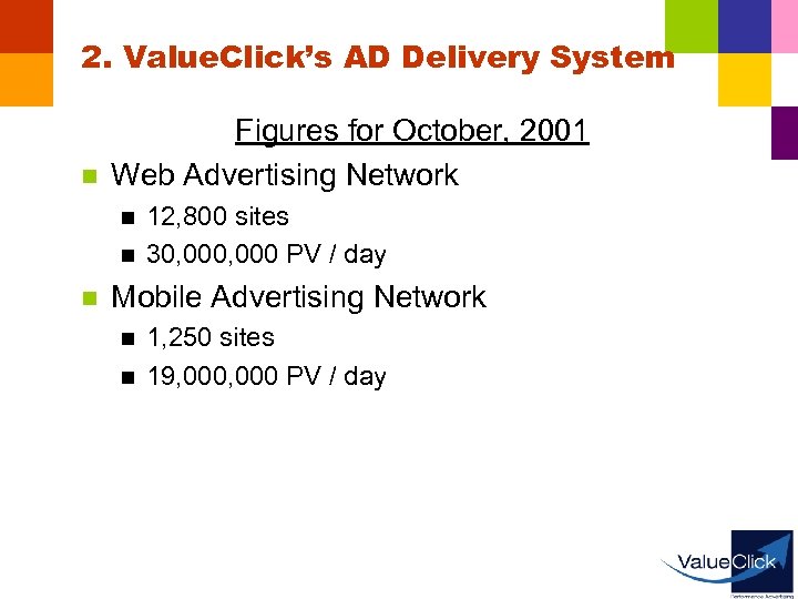 2. Value. Click’s AD Delivery System n Figures for October, 2001 Web Advertising Network