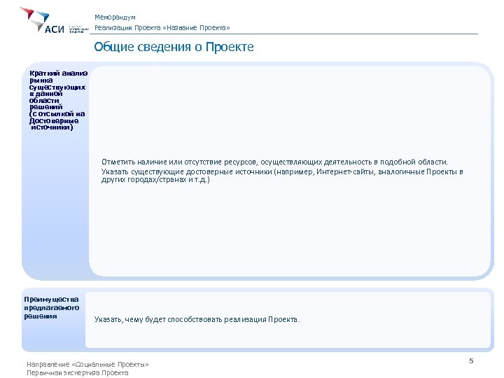 Меморандум Реализация Проекта «Название Проекта» Общие сведения о Проекте Краткий анализ рынка существующих в