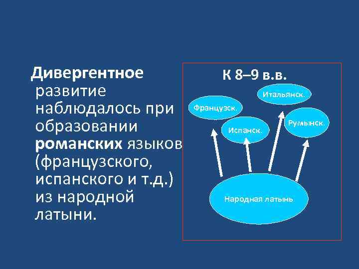 Дивергентное развитие наблюдалось при образовании романских языков (французского, испанского и т. д. ) из