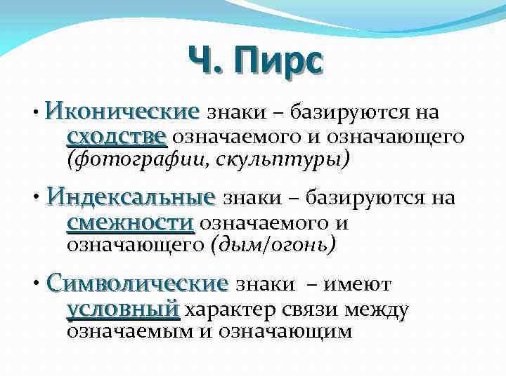 Ч. Пирс • Иконические знаки – базируются на сходстве означаемого и означающего (фотографии, скульптуры)