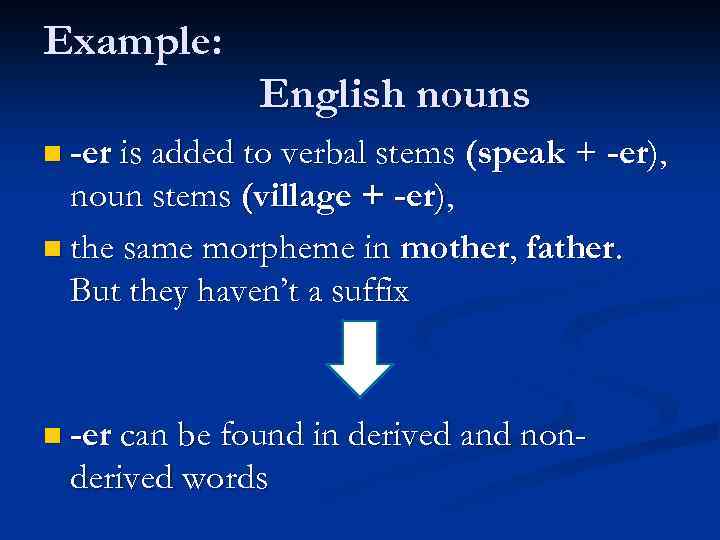 Example: English nouns n -er is added to verbal stems (speak + -er), noun