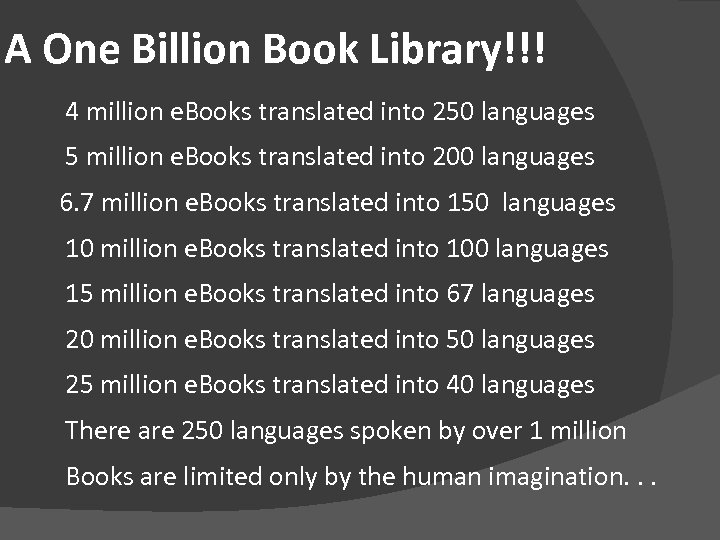A One Billion Book Library!!! 4 million e. Books translated into 250 languages 5