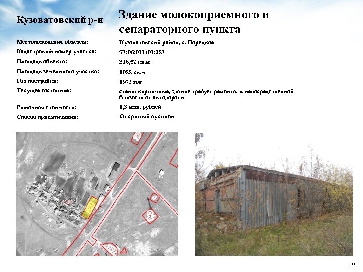 Кузоватовский р-н Здание молокоприемного и сепараторного пункта Местоположение объекта: Кузоватовский район, с. Порецкое Кадастровый