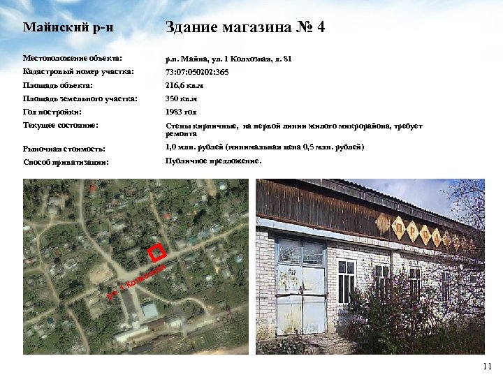 Майнский р-н Здание магазина № 4 Местоположение объекта: р. п. Майна, ул. 1 Колхозная,