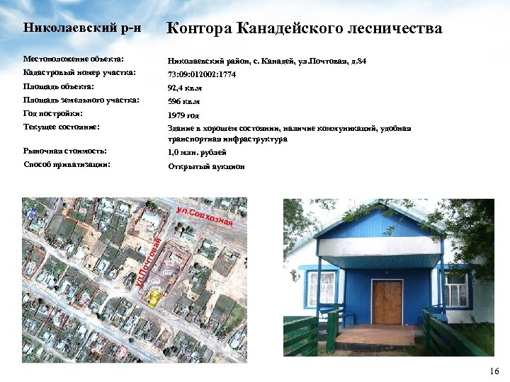Николаевский р-н Контора Канадейского лесничества Местоположение объекта: Николаевский район, с. Канадей, ул. Почтовая, д.