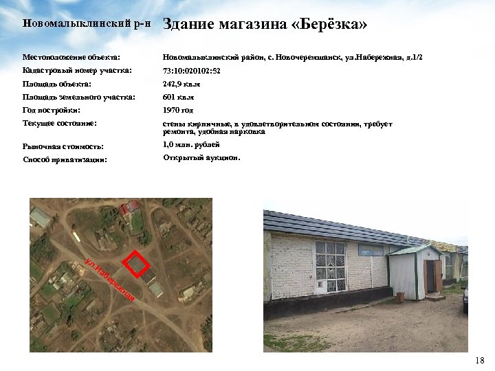 Новомалыклинский р-н Здание магазина «Берёзка» Местоположение объекта: Новомалыклинский район, с. Новочеремшанск, ул. Набережная, д.