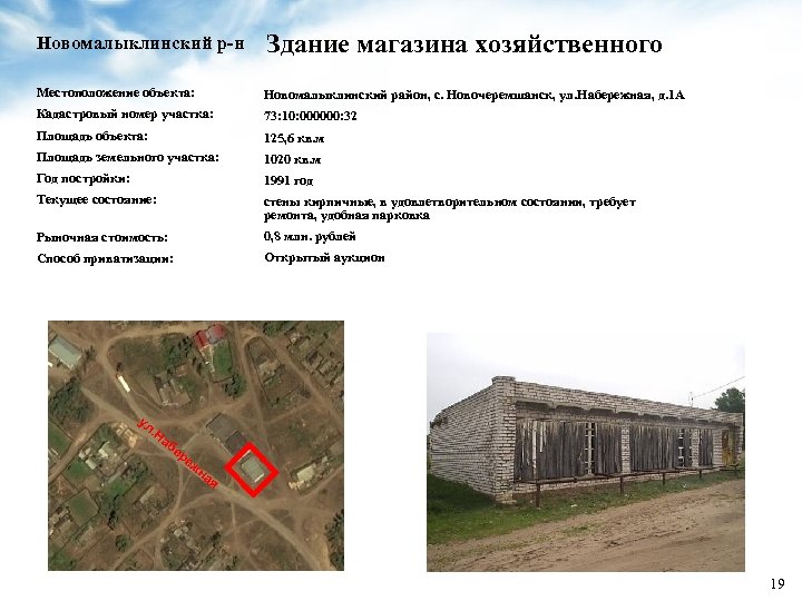 Новомалыклинский р-н Здание магазина хозяйственного Местоположение объекта: Новомалыклинский район, с. Новочеремшанск, ул. Набережная, д.