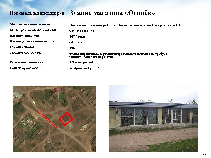 Новомалыклинский р-н Здание магазина «Огонёк» Местоположение объекта: Новомалыклинский район, с. Новочеремшанск, ул. Набережная, д.