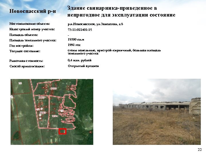 Новоспасский р-н Здание свинарника-приведенное в непригодное для эксплуатации состояние Местоположение объекта: р. п. Новоспасское,