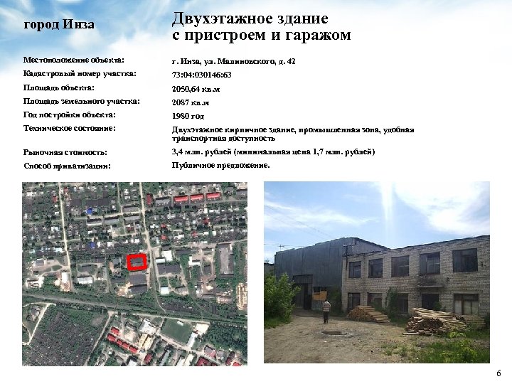 город Инза Двухэтажное здание с пристроем и гаражом Местоположение объекта: г. Инза, ул. Малиновского,
