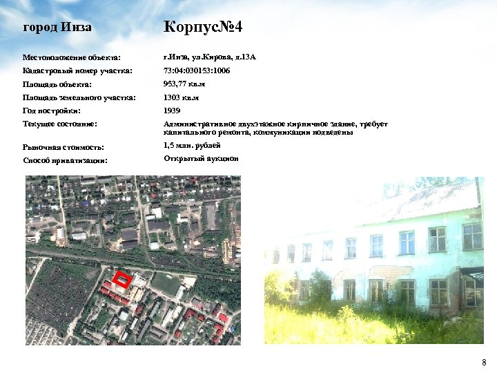 город Инза Корпус№ 4 Местоположение объекта: г. Инза, ул. Кирова, д. 13 А Кадастровый