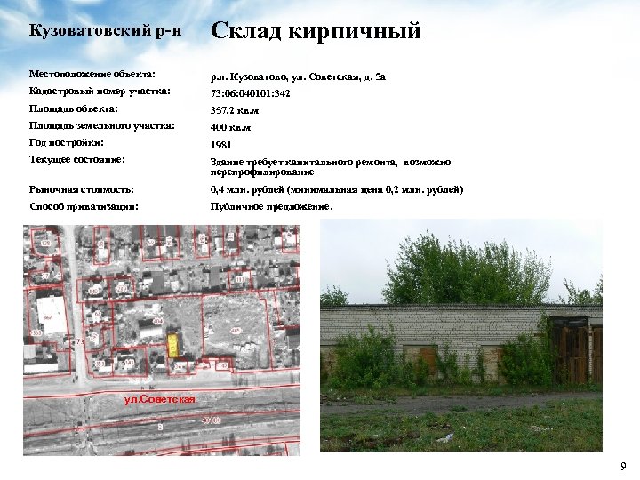 Кузоватовский р-н Склад кирпичный Местоположение объекта: р. п. Кузоватово, ул. Советская, д. 5 а