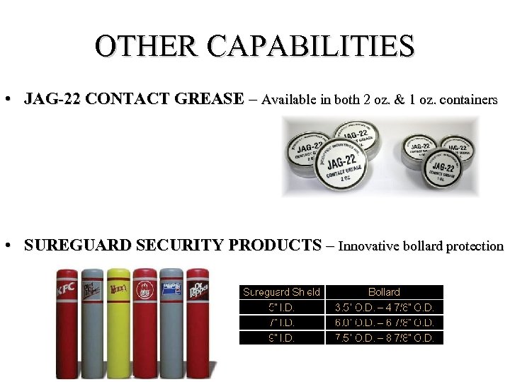 OTHER CAPABILITIES • JAG-22 CONTACT GREASE – Available in both 2 oz. & 1